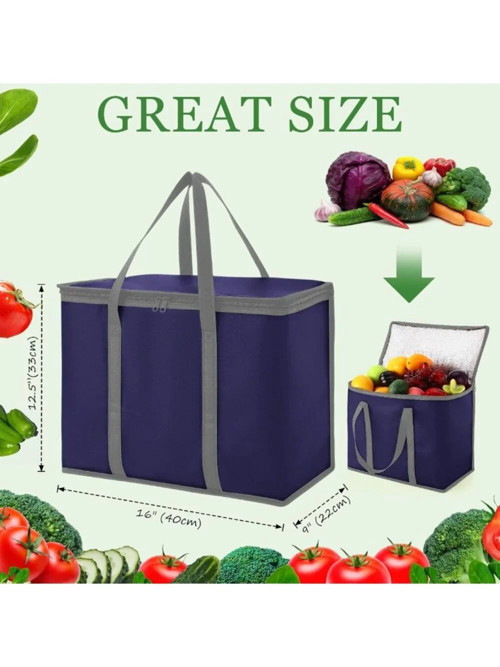 15 Pcs Large Insulated Grocery Bags - Heavy Duty, Zippered, Foldable Totes for